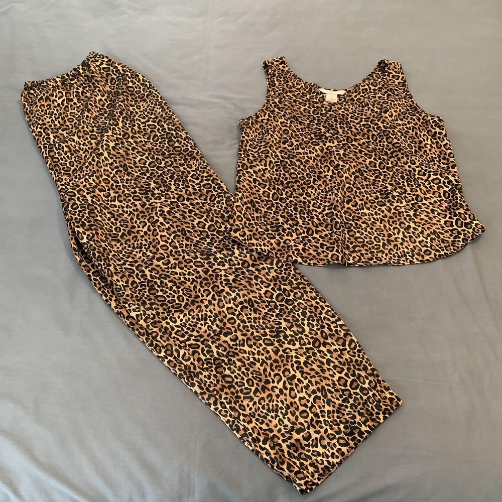 Private Luxuries Pajama‎ Set Womens XL Brown Leopard Print Satin Cami Pants